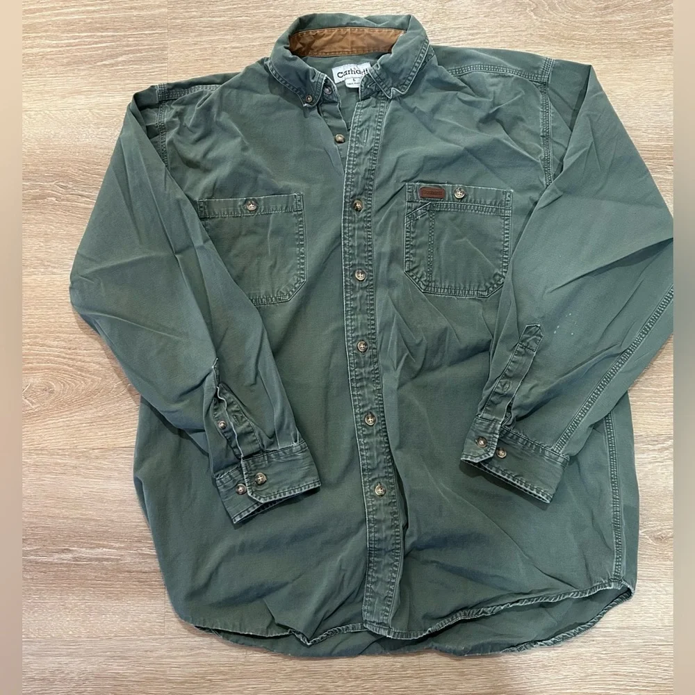 Carhartt Olive Green and Tan Contrast Collar Work Shirt - Picture 1 of 8